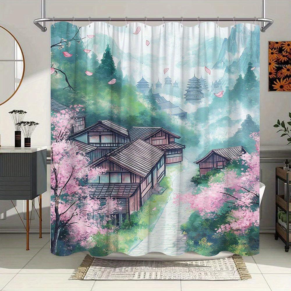 1Pc Japanese-Inspired Mountain Hamlet Shower Curtain - Ethereal Wooden Houses, Pink Blossoms & Misty Peaks Design,