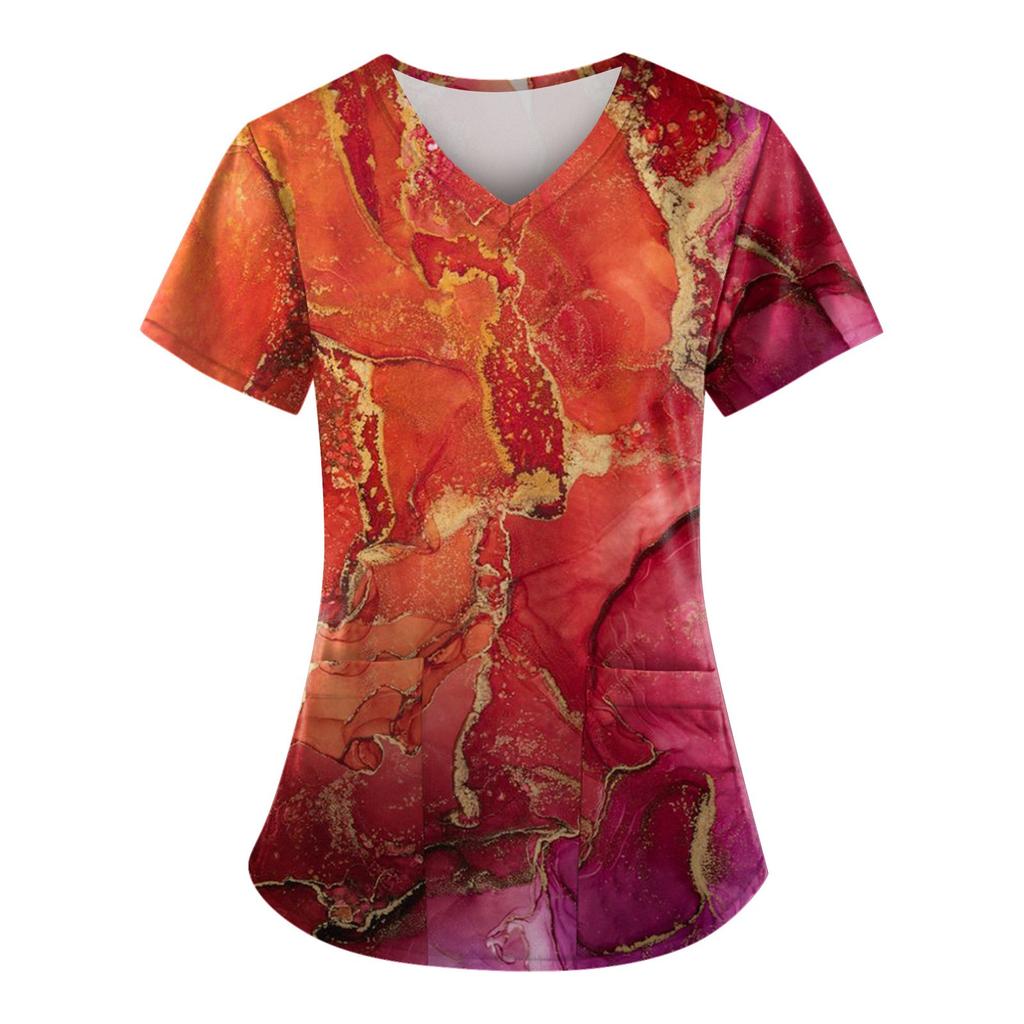 Modische bedruckte Damen-Arbeitsuniform mit Taschen-T-Shirt, kurzärmeliges Oberteil