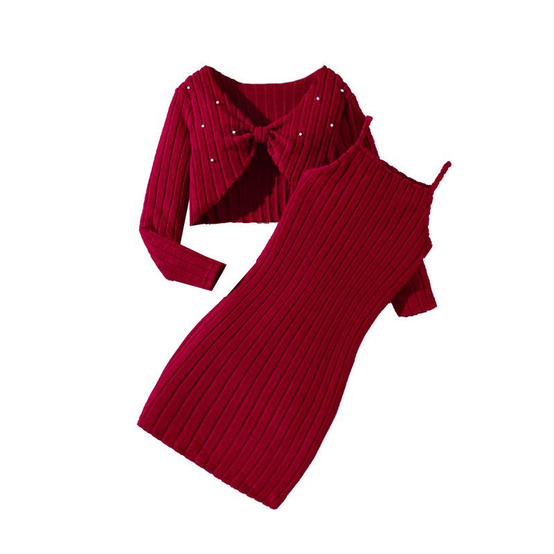 Big Girl Autumn Winter New Knitted Long Sleeve Beaded Blouse Strap Dress Set