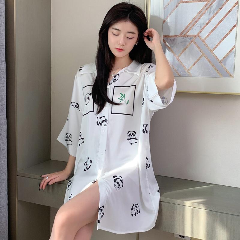 

Summer little fresh panda print women s pajamas high-end sexy sweet wind thin pajamas skirt loungewear 2xl size [recommended 90-100kg ]