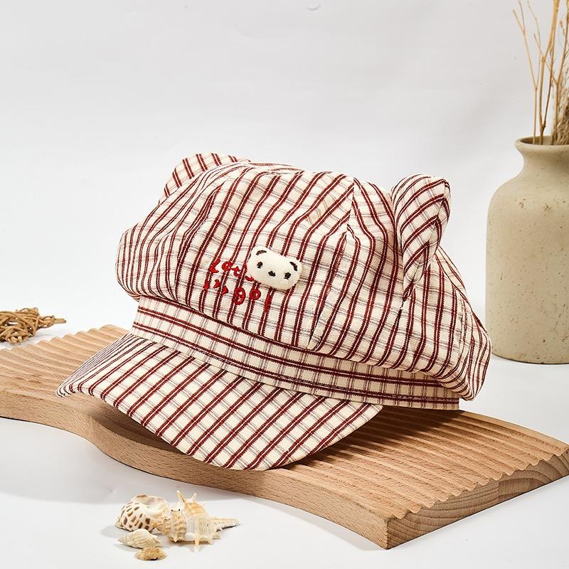 Plaid Octagonal Hat Niche Spring and Summer Cute Face Beret Cartoon Design Versatile Sweet Fresh Kitten Ears