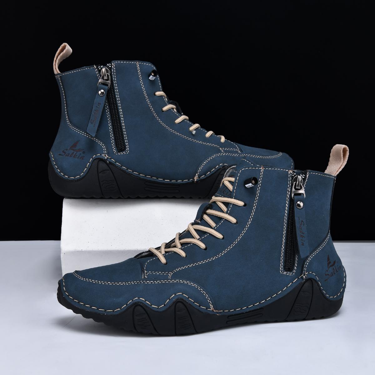 

New 2026 Handmade Leather Men Ankle Boots Casual Shoes Side Zipper Comfortable Breathable Sneakers Anti-Slip Outdoor Boots Shoes 39 синій
