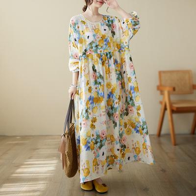 Round Neck Loose Plus Size Artistic Vacation Style Printed Long Sleeved Dress for Women Vintage Dresses