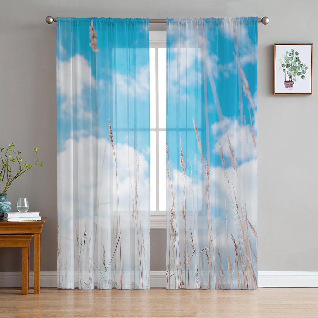 Niebieskie Niebo Białe Chmury Łąka Przezroczyste Zasłony do Salonu Woalowa Zasłona Sypialnia Łazienka Tiulowe Zasłony Dekoracje Okienne