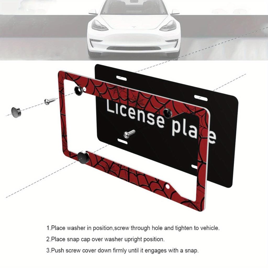 1pc Aluminum Decorative Fun License Plate Frame,Spider Web Decorative,Black,Red,For Decorative,Personality and Creatively Design License Plate Covers