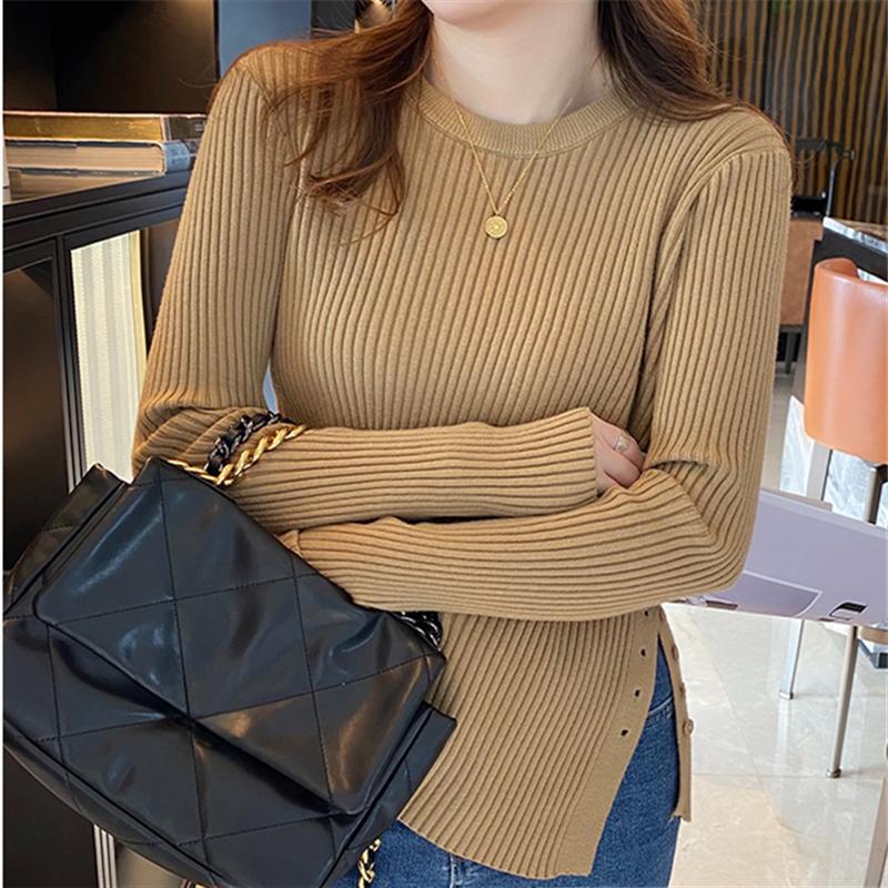 Móda Jednobarevné Pulovry Slim Fit Pletený svetr Ženy Dlouhý rukáv S výstřihem do O Ležérní Zimní Dámské Svetry Elegantní Knoflíky Dámské Svetry Pletené 25614