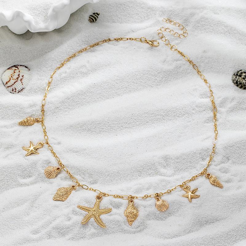 Muschel Seestern Jakobsmuscheln Anhänger Halskette Böhmischer Stil Meereskollektion Retro Persönlichkeit Verstellbare Schnalle Damen Accessoire