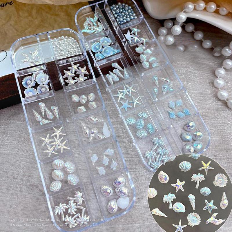 12 Grids/Box Blue White Nail Charm Shell Starfish Mermaid Tail 3d Nail Art Accessories For A Dreamy And Oceanic Manicure Look