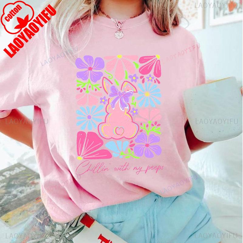 Brushstroke Bunny Easter T Shirt Kawaii Women Short-sleev Tee-shirt Retro Style Streetwear Fashion Casual Cotton Tops Ropa Mujer