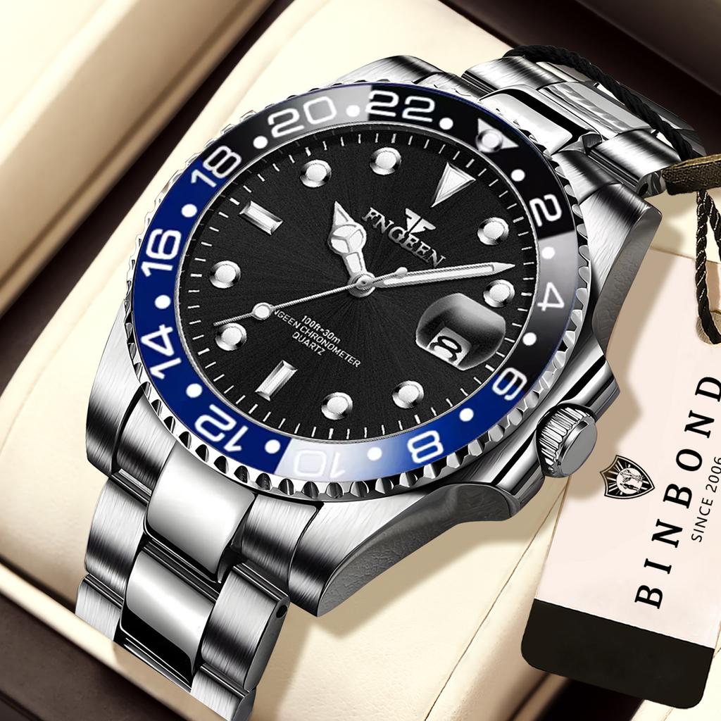BINBOND Orginal Precise Quartz Wristwatches for Men Luxury Luminous Waterproof Auto Date Men's Watch Stainless Steel Strap Reloj