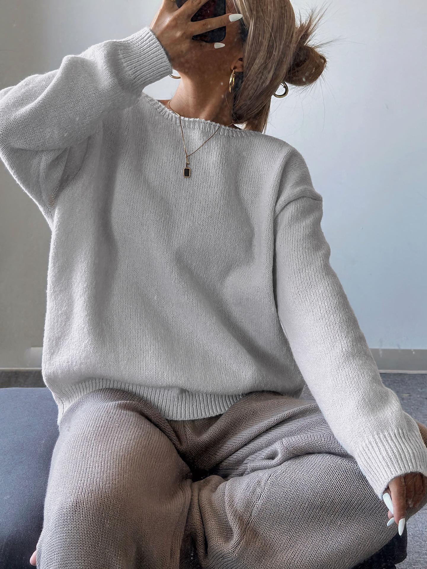 

European and American Fashion Deep V Backless French-Style Bow Long-Sleeve Knitted Sweater Light Gray
