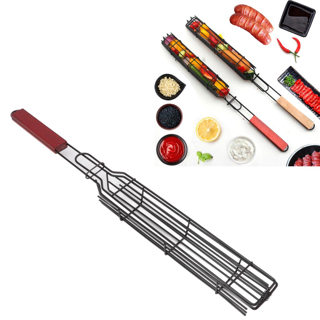 Kabob Grilling Baskets Lockable Iron Kebab Grill Grate with Wooden Handle for Grilling Vegetables Hot Dog Meat