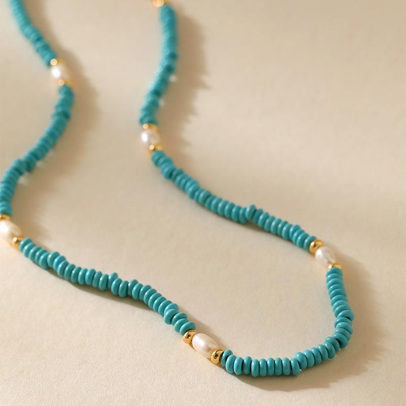 Turquoise Seed Bead Freshwater Pearl Adjustable Choker Necklace