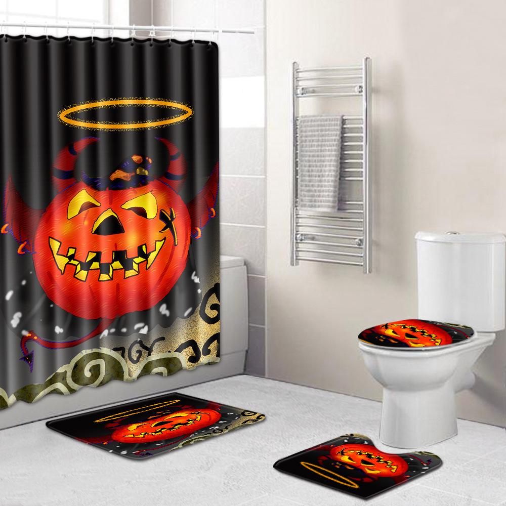 Halloween Shower Curtain Floor Mat Combination Four-Piece Set Bathroom Toilet Carpet Shower Room Foot Mat
