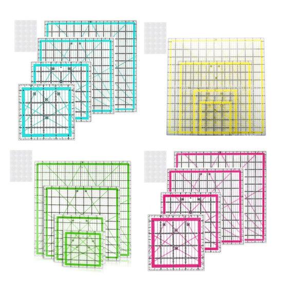 4 Stück Acryl Quiltlineal mit rutschfesten Ringen 4,5/6/9,5/12,5-Zoll Quadrat Stoffschneiden Patchworklineal