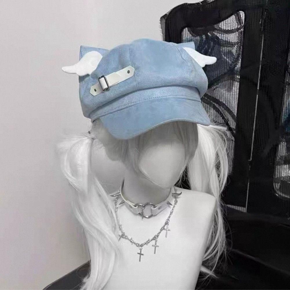 Leather Buckle Newsboy Cap Mini Wing Decor Streetwear Hat Harajuku Cat Ear Beret Hat  Daily