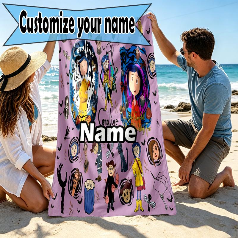 Custom Name Personalized Coraline Print Beach Towel, for Trip Camping Beach Party Home Decor, Birthday Gift for Family & Friends