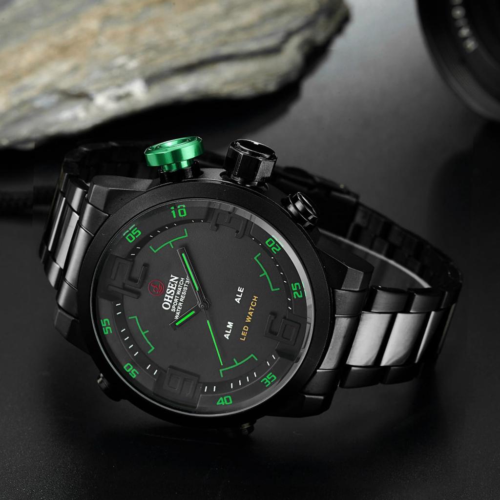 Men's Watch Analog Digital Display 3ATM Waterproof Stainless Steel LED Calendar Quartz Casual Business Fashion Accessory Black