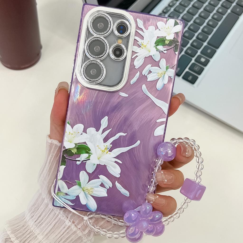 Suitable for Samsung S25 Ultra Mobile Phone Case Electroplated Flower and Grass S24FE with Bracelet Flash Powder Lens Film A56 Protective Case