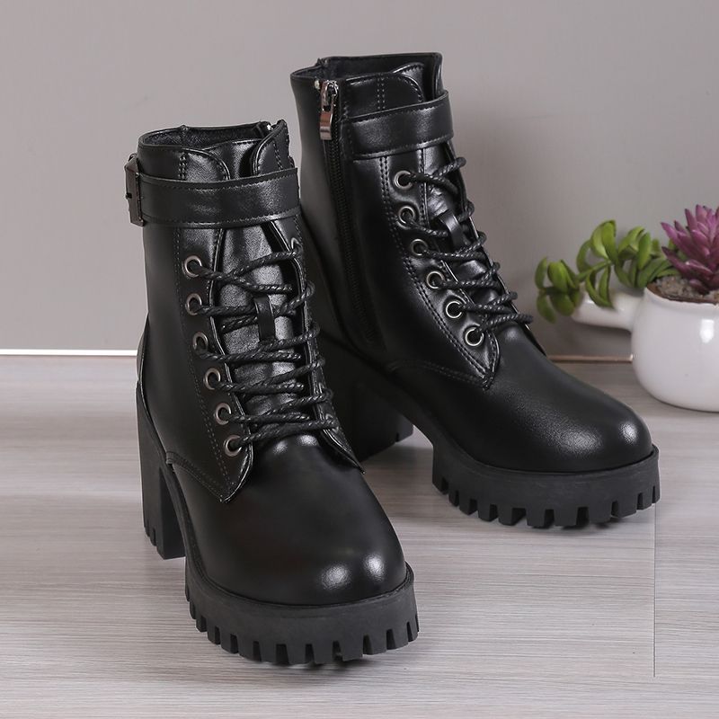 High-heeled Martin boots for women's 2025 autumn and winter new thick-soled British style thick-heeled lace-up side zipper short boots for children