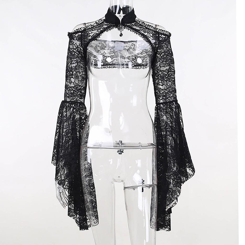 Gothic See Through Shrug Tops Grunge Aesthetic Black Flare Sleeve Crop Top Women Streetwear Vintage Punk Sexy Clothing