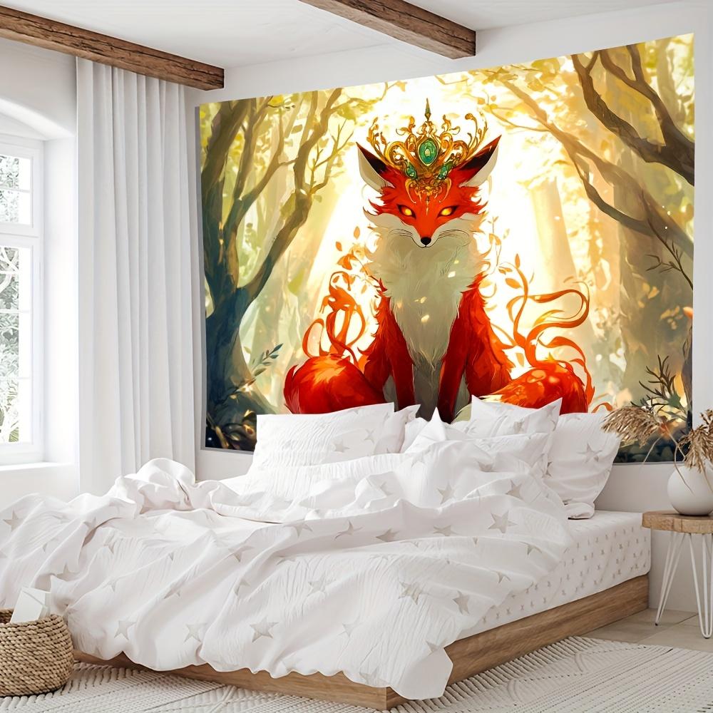 Enchanted Fox Tapestry Majestic Forest Guardian with Crown Sunlit Trees Mystical Glow for Fantasy Home Decor Wall Art