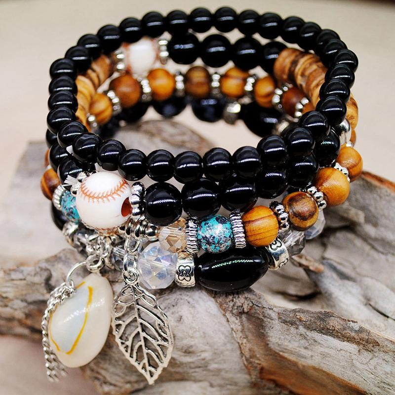 Bohemian Multi-Layer Shell Bracelet, Leaf Pendant, Crystal Resin Bracelet, Personalized Rice Bead Bracelet Generation