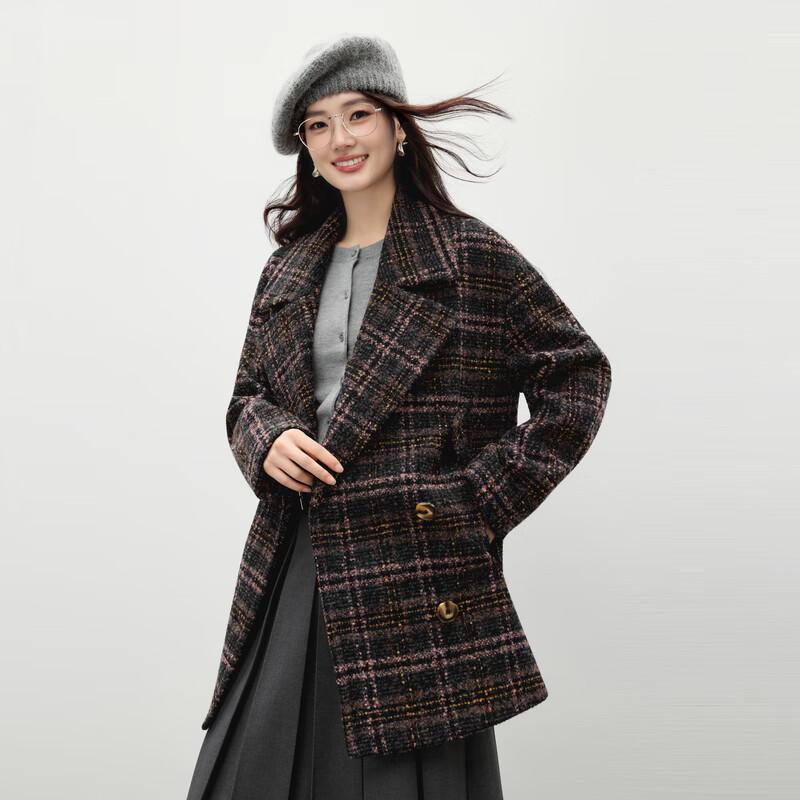 Women's Retro French Lapel Plaid Wool Blend Coat