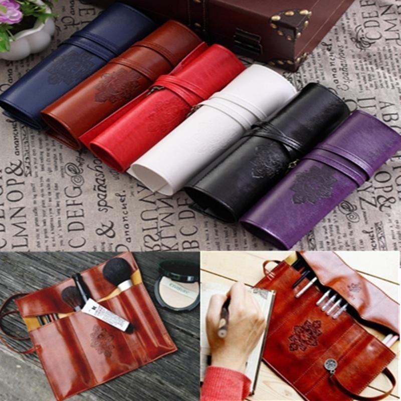 Retro Roll Leather Cosmetic Bag Pen Pencil Case Retro Wallet Storage Bag Purse Small Bag Purse Storage Bag