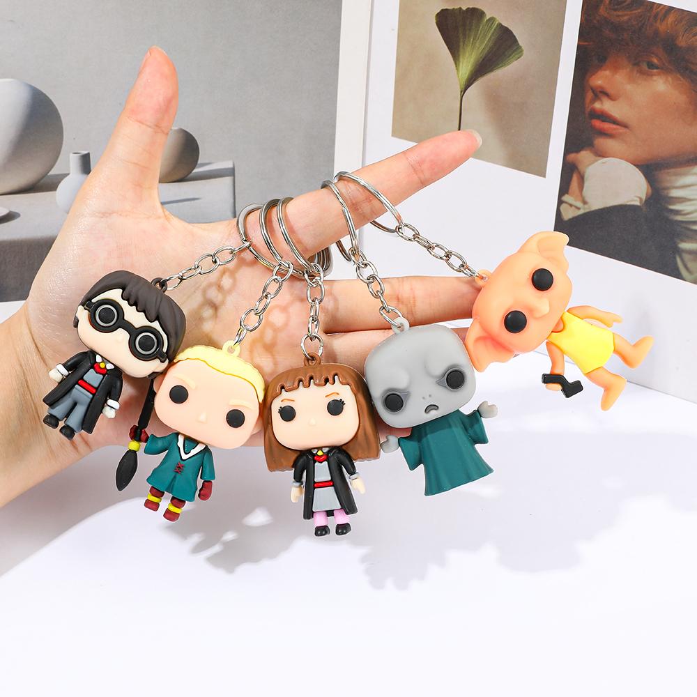 5pcs Harry Potter Fun Character 3D Silicone Keychain Set Harry Potter Draco Hermione Voldemort Dobby Wizard Figure Bag Charm
