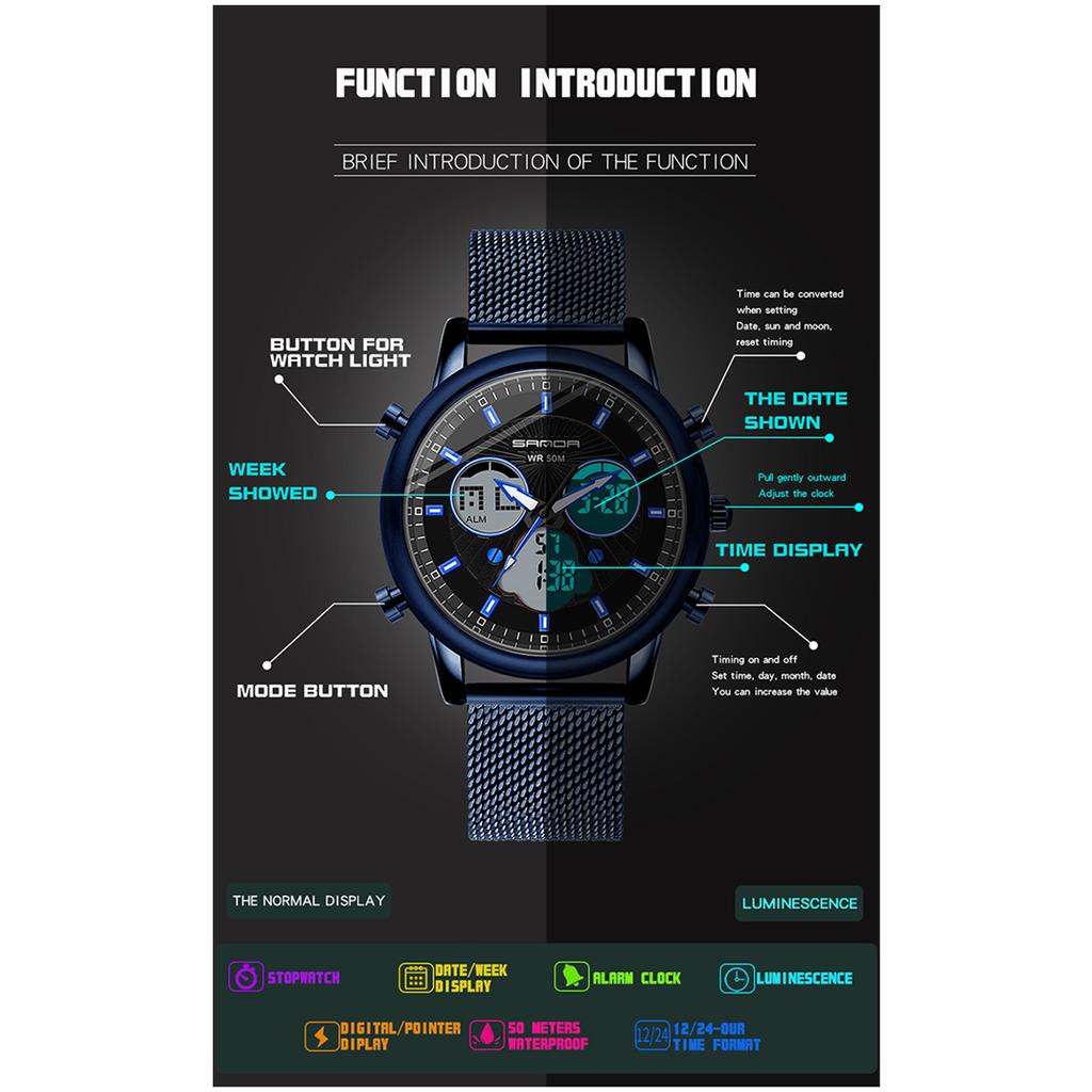 SANDA Simple Trend Watch Male Student Fashion Double Electronic Watch Digital Sports Waterproof Watch