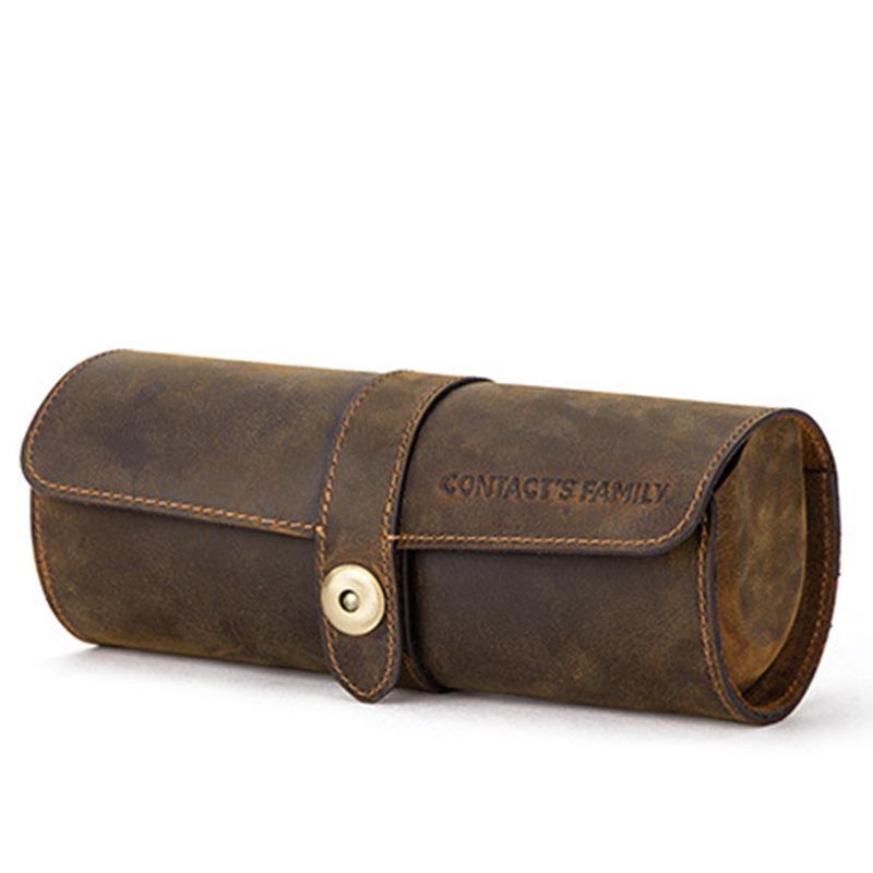 

Винтажная коробка для хранения часов с тремя слотами из кожи Crazy Horse - Кожа коровьей шкуры высшего качества, Портативная для путешествий коричневый