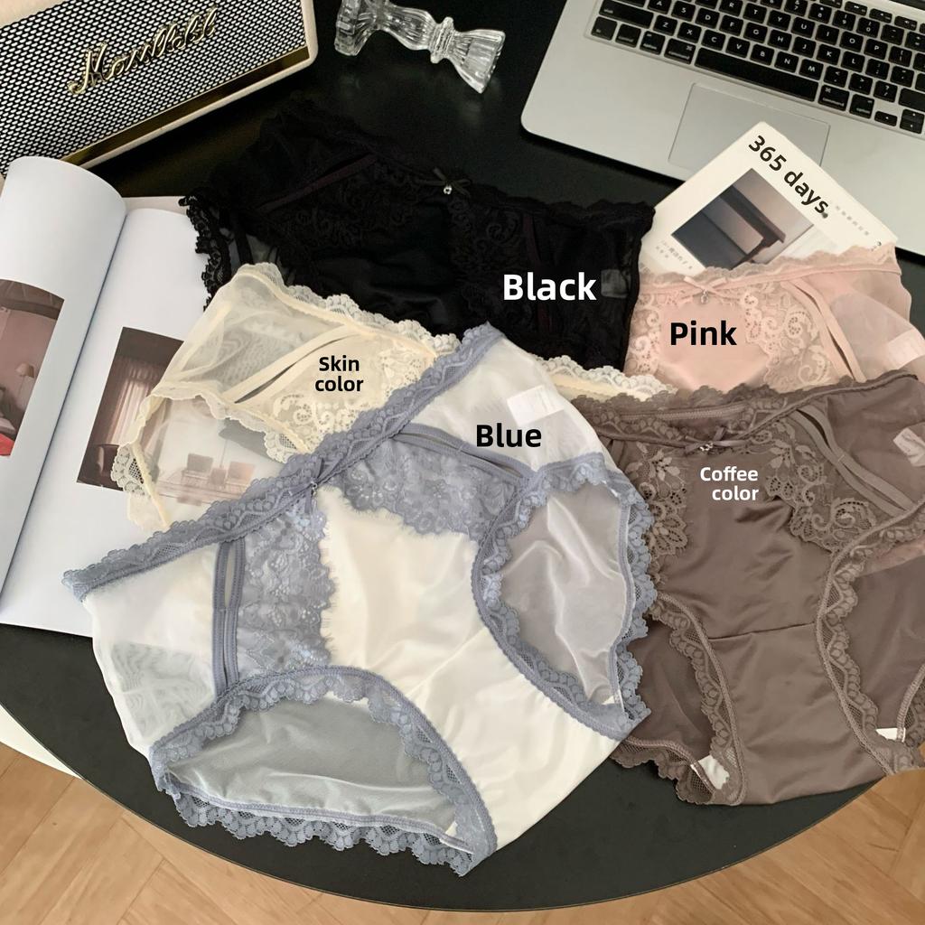 Ladies Summer Light Luxury Satin Sexy Lace Pure Desire Wind Hollow Mesh Yarn Antibacterial Crotch Breathable Briefs