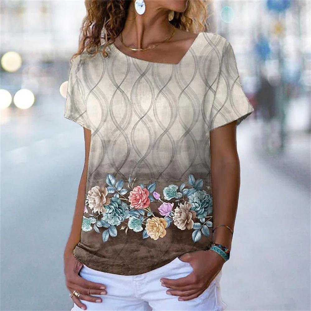 Women's Short Sleeved T-shirt with Slanted Neckline Pattern and Digital 3D Printed Women's T-shirts