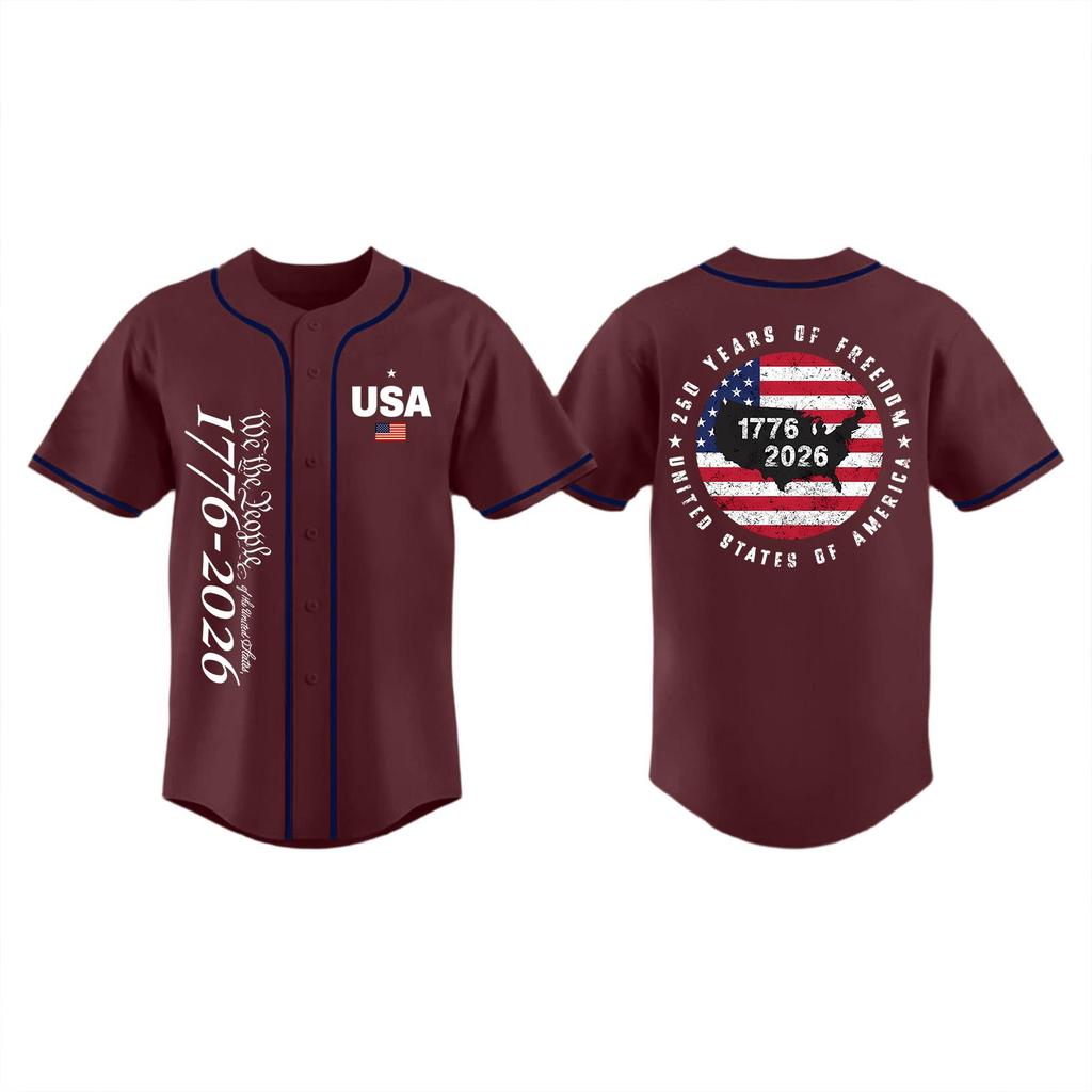 Unisex Baseballtrikot Oberteil für Erwachsene mit 1776-2026 Aufdruck USA Flagge Grafik Knopfleiste Kurze Ärmel Sportshirt für den Unabhängigkeitstag