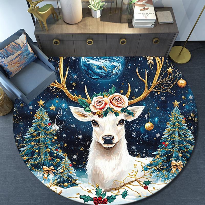 Winter Deer Round Area Rug,Carpet Rug for Living Room Bedroom Sofa Playroom Decor,Non-slip Floor Mat