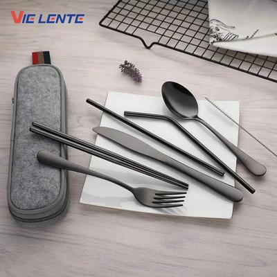 Tableware Reusable Travel Cutlery Set Camp Utensils Set with Stainless Steel Spoon Fork Chopsticks Straw Portable Case