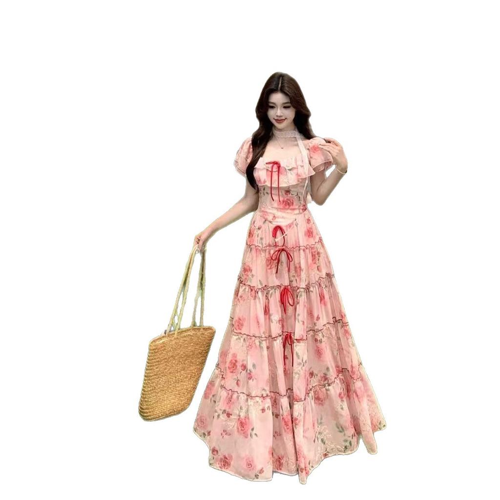 Summer new French retro ruffle edge bow long dress waist floral vacation thin temperament dress women