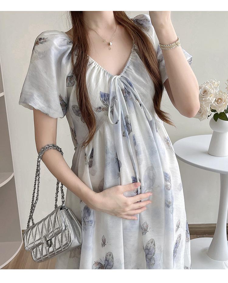 2026 Summer Floral Print Waist-Cinched Long Maternity Dress