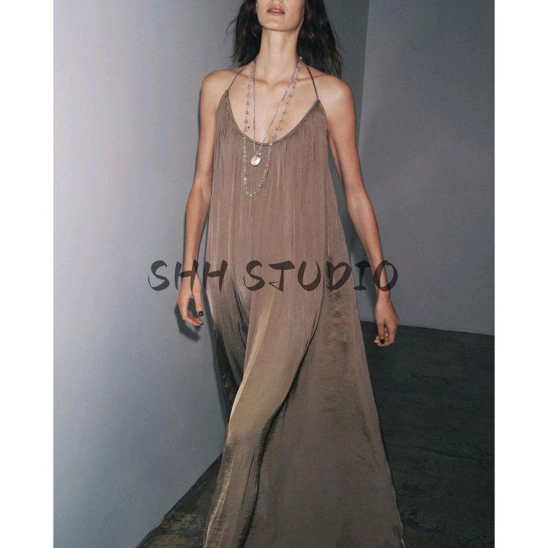 Summer New Women clothes Backless Hanging Neck Sling Silk Satin Texture Long Dress 8040019 9479245