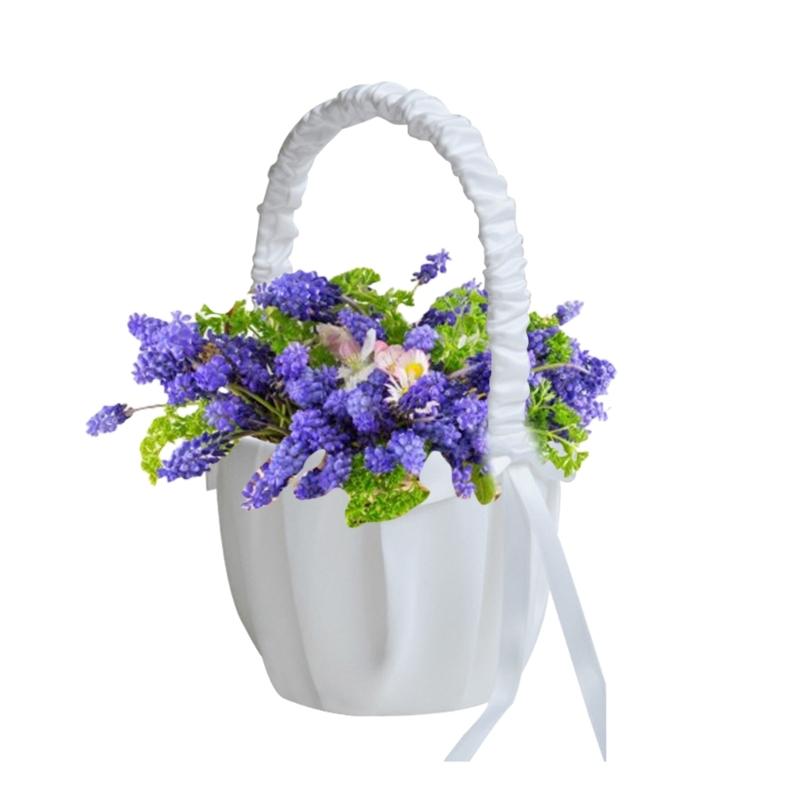 Romantics Wedding Basket Durability White Satins Flower Basket Handheld Basket for Bridal Ceremonies and Celebrations