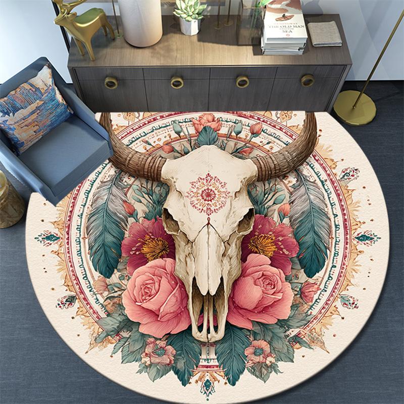 Bohemian Buffalo Skull Round Area Rug,Carpet Rug for Living Room Bedroom Sofa Playroom Decor,Non-slip Floor Mat