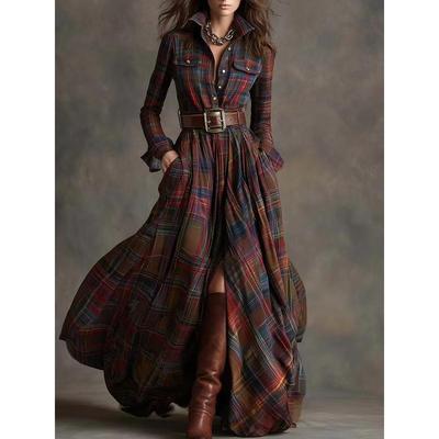 French Retro Plaid Print Slit Long Dresses Woman Elegant Turn-down Collar Button Maxi Dress Autumn Long Sleeve Pocket Boho Dress