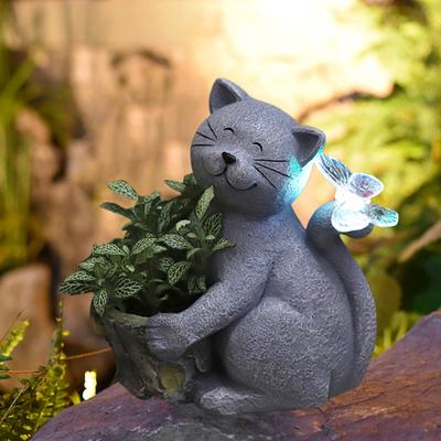 Solarbetriebene Katzenstatue mit LED-Schmetterling, wasserdichter Blumentopf, Kätzchen-Skulptur aus Kunstharz, Dekoration für Veranda, Hof und Rasen im Freien