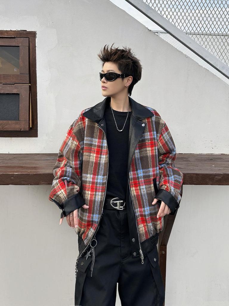 Men's Retro Loose Plaid Reversible PU Leather Jacket - Trendy American Spring/Autumn Outerwear