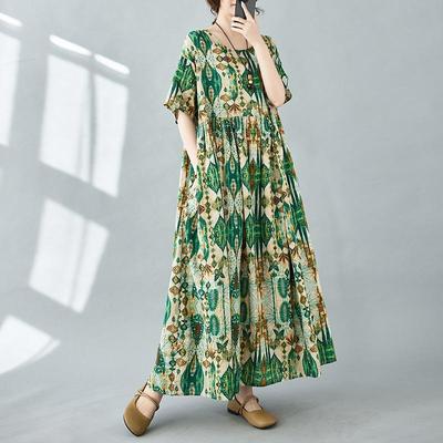Short Sleeve Plus Size Cotton Vintage Floral New In Dresses for Women Casual Loose Long Summer