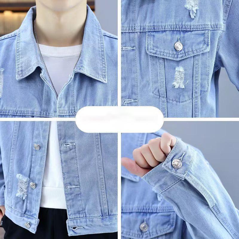 FiveFive Frühling Herbst Herren Revers Jeansjacke Mantel Hip Hop Wind Freizeitjacke Baumwolle Übergröße Jeansjacke Herren Loch Kleidung
