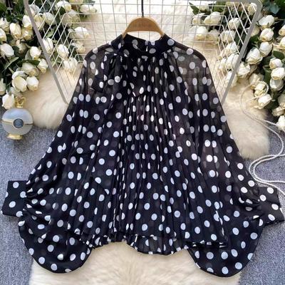 Elegantes Blusas Blancas de Puntos Ondulados Versátiles Camisa Oversize de Manga Larga para Mujer Primavera Otoño Tops Sueltos Mujer