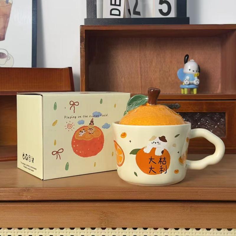 Daji Dali Orange Ceramic Cup with Lid Cute Cat Mug New Year Gift Coffee Cup Office Water Cup
