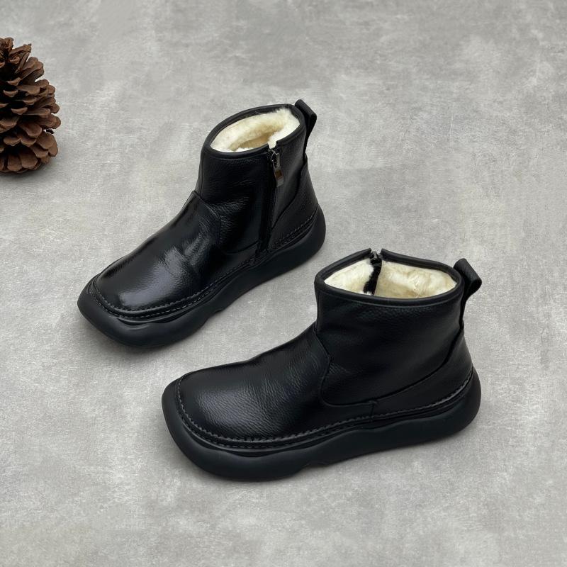 Johnature Retro Warm Wool Short Boots Versatile Snow Boots Thick Soled Side Zipper Cowhide Women's Boots